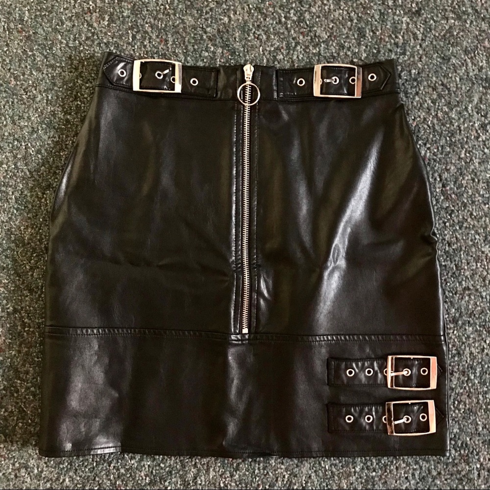 Black Faux Leather Buckle Skirt